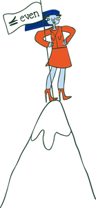 A woman standing on a mountain top holding a flag that says even